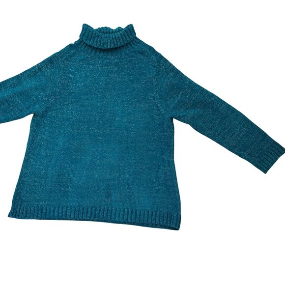 Y2K Susan Graver Sz 1X Teal Turtleneck Sweater with Silver Metallic Knit Yarn - Picture 2 of 8